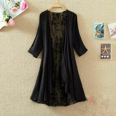 Womens New Lace Mesh Sheer Long Duster Beach Coat Cardigans 3/4 Sleeve Top • $15.20