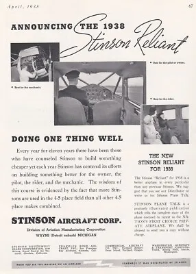 $9.49 • Buy 1938 Stinson Reliant Aircraft Ad 7/29/2022p
