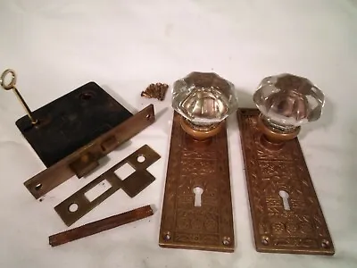 Antique 8 Pt Glass Door Knob Set  Mortise Lock With Key  2 Sets Avail. #843 • $129