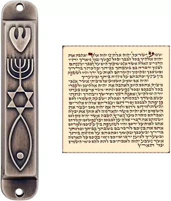 TALISMAN4U Pewter Messianic Mezuzah Case With Scroll For Door 3D Menorah Mess... • $63.47