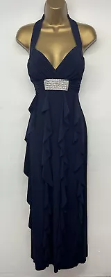 Betsy & Adam Evening Gown Blue Diamanté Ruffle Halter Neck Maxi Dress UK 10/12 • £14.99