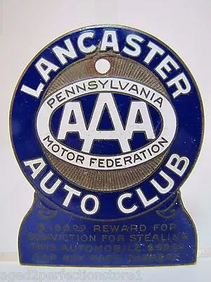 AAA LANCASTER AUTO CLUB Old Enamel License Plate Topper Sign Badge Plaque PMF • $195