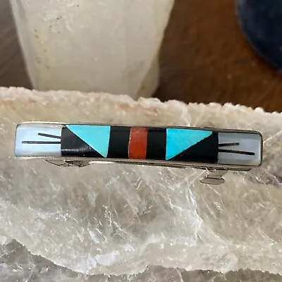 Vintage Sterling Turquoise Coral Mop Inlayed Hair Clip Southwest Sterling Zuni • $29.99