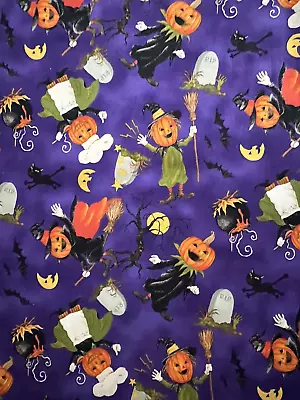 Michael Miller Happy Halloween Jack O Lantern Pumpkin Black Cat Bats Fabric 1+yd • $8.95