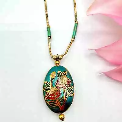 Vintage Cloisonné Floral Oval Pendant Necklace Tube Bead Cottagecore Grannycore • $17.90