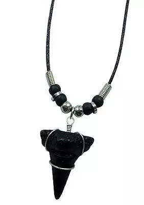 BLACK SHARK TOOTH PENDANT ROPE NECKLACE W Silver Beads 18 IN Mens Womens Jewelty • $9.99