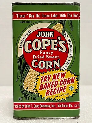 Vtg NOS 7 Oz. John Copes Dried Sweet Corn Cardboard Tin Rheems  Pennsylvania  • $23.44