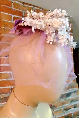 VINTAGE 50s 60s HEADBAND WREATH FASCINATOR HAT FORGET ME NOT FLOWERS WITH VEIL • $35