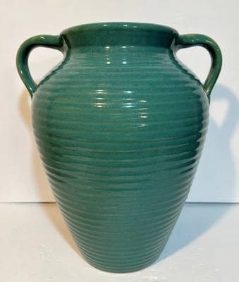 Zanesville Stoneware Pottery #228 Handled Floor Vase 15  Ribbed Green Oil Jar • $99.99