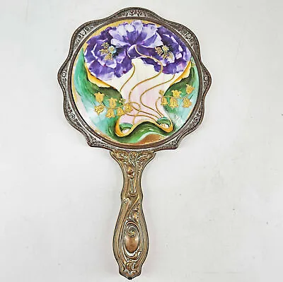 Antique Vintage ART NOUVEAU Repousse Hand Painted Porcelain Hand Mirror • $164