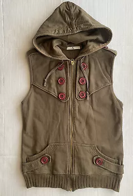 Mike & Chris Hooded Vest Womens Size Medium Olive Green Zip Up Buttons Cotton • $15