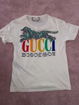 $500 • Buy Gucci Oversized T-shirt White Cotton Green Sequin Leopard Tee