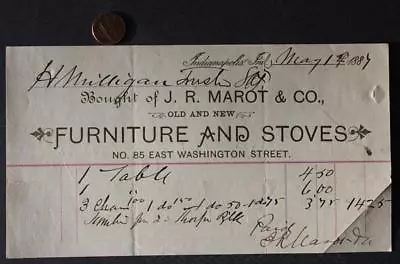 1887 Indianapolis Indiana J.R. Marot & Co. Furniture & Stoves Receipt VINTAGE--- • $7.99