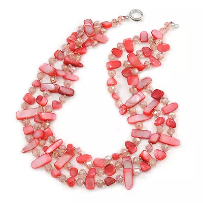 3 Row Peony Pink Shell And Pale Rose Pink Glass Bead Necklace - 45cm L • £13.99