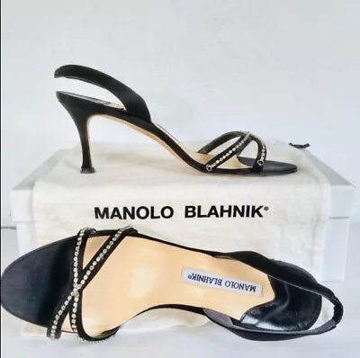 Manolo Blahnik Black Satin Sandala With Crystals Sz 37.5 EU • $145