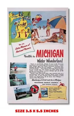 Vacation In Michigan Water Wonderland Fridge Magnet Old Ad 1950 3.5 X 5.5 • $6.95