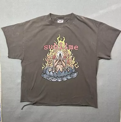 Vtg Sublime T-Shirt Flaming Lotus XL Black Rock Band Tee 90s THRASHED Distressed • $90