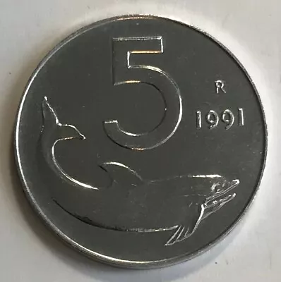 Italy 5 Lire 1991 - Dolphin & Ship Rudder  - .99c Flat Shipping • $1.99