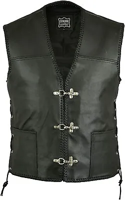 MENS LEATHER WAISTCOAT/BIKER VEST Sides Laced Up FISH HOOK BUCKLE • £27.99