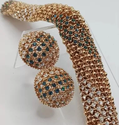 Vintage Nolan Miller Gold Tone Blue White Rhinestone Bracelet & Clip Earrings  • $149