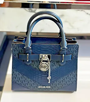 Michael Kors Hamilton Lady Small Satchel Signature MK Crossbody Bag Handbag Navy • $153