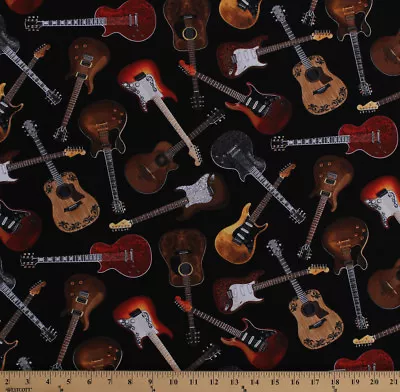 Cotton Guitars Guitar Musical Instruments Black Cotton Fabric Print BTY D482.29 • $11.95