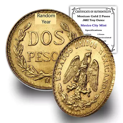 1919-1948 (Random Year) Mexican 1/5 Hidalgo Gold 2 Pesos Coin Brilliant Uncircul • $269.99