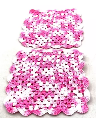 Vintage Crocheted Doilies Pink White Scalloped Handmade Square 5  X 5  Set Of 2 • $3.50
