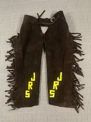 Suede Chaps Youth Small Brown Yellow Seed Beads Fringe USA Cowboy Rodeo Vintage • $39.97