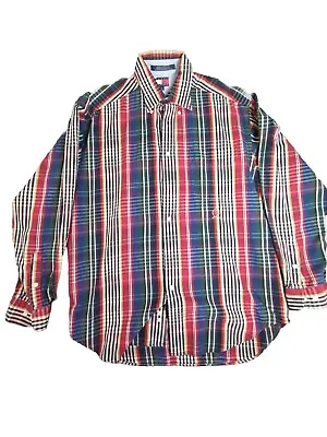 Vintage Tommy Hilfiger Long Sleeve Shirt Mens Medium Red Blue Green Madras Plaid • $16.99