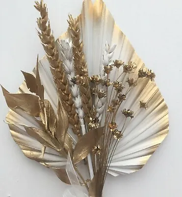 £10.35 • Buy Large White Palm Spear Edged In Gold,Gold Dried Flowers,CAKE TOPPER .