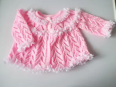 Hand Knit Pink With White Lace Matinee Jacket Cardigan Baby Girl 3-6 Months • £14.95