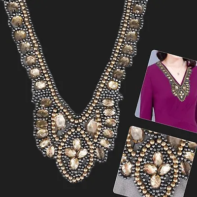 Rhinestone Crystal Embroidered Sew On Lace Collar Black/Gold Applique Craft DIY • £4.09