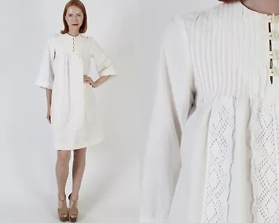 Plain Off White Muslin Dress Traditional Vtg Mexican Pintuck Crochet Bell Sleeve • $68.40