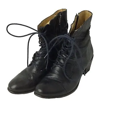 FRYE LEATHER GRANNY BOOTS Vintage Lace Ups Black Side Zip Logo Back Block Heel • $59