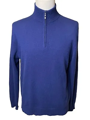 Qi New York Mens 100% Cashmere Quarter Zip Sweater Mock Turtleneck Blue Size XL • $39.99