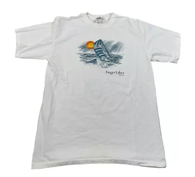 Vintage Y2K Finger Lake New York White Sailboat T Shirt Sz L Boating Boat Tee • $12.99