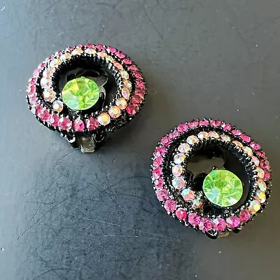 Vintage Fuschia Pink Rhinestone AB Crystal Green Retro Clip Earrings A912 • $0.99