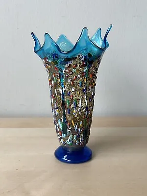 Hand Blown Millefiori Murano Blue Murrine Flower Vase With Gold Leaf 9” • $150