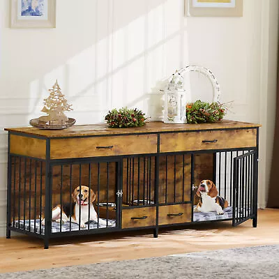 74.8  Indoor Wooden Dog Kennel Large Dog Crate Furniture TV Stand W/ Dog Feeder • $275.70