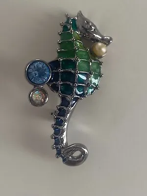 Vintage Liz Claiborne Seahorse Blue & Green Faux Pearls Silver Tone • $18.99