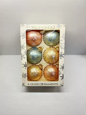 Silvestri Pastel Gold Glitter Glass Christmas Ornaments Vintage 2 3/4 D Set Of 6 • $18.99