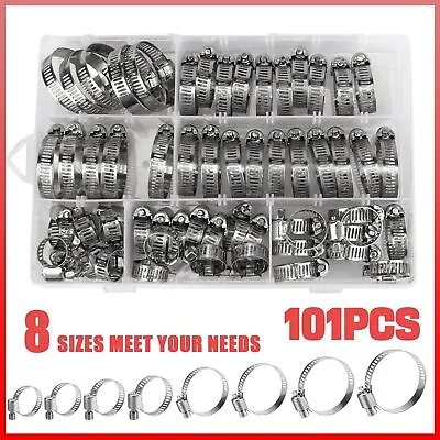 101pcs Adjustable Hose Clamps 8 Sizes Worm Gear Stainless Steel Clamp Assortment • $15.65