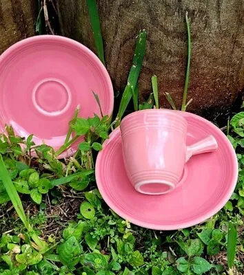 Vintage Fiesta Stick Handle Demitasse Cup & 2 Saucers In Rose Pink. • $40