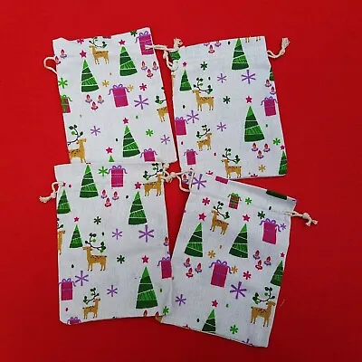 Xmas 4 X Poly Cotton Drawstring Gift Bags - Reindeer Design  Size 18 X 13 Cm  • £1.99