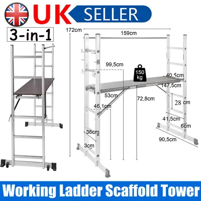 UK Aluminium Working Ladder Step Platform Multi Purpose Scaffold Tower 3 IN 1 • £121.97