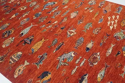 6 X 9 Ft Red Fish Gabbeh Afghan Hand Knotted Wool Tribal Area Rug • $3247.50