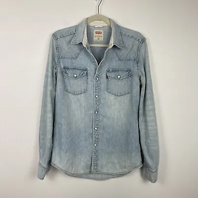 Levis Western Shirt Men Small Lite Wash Faded Denim Pearl Snap Chambray Y2K VTG* • $39.99