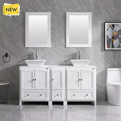 60  Bathroom Vanity Cabinet Double Sink Elegant White Ceramic Sink W/Mirror Set • $939.99