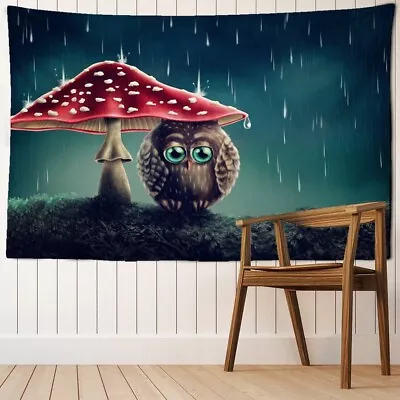 Cartoon Owl Mushroom Rain Tapestry Wall Hanging Art Bohemian Hippie Mandala Deco • $0.01
